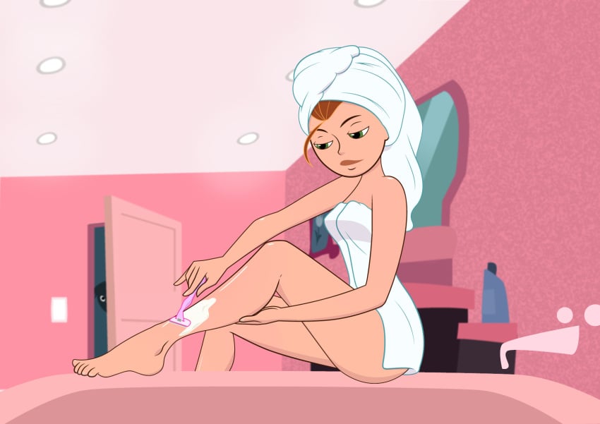 bathroom kim_possible originaltkw peaking red_hair shaving_leg slice_of_life towel towel_on_head voyuerism