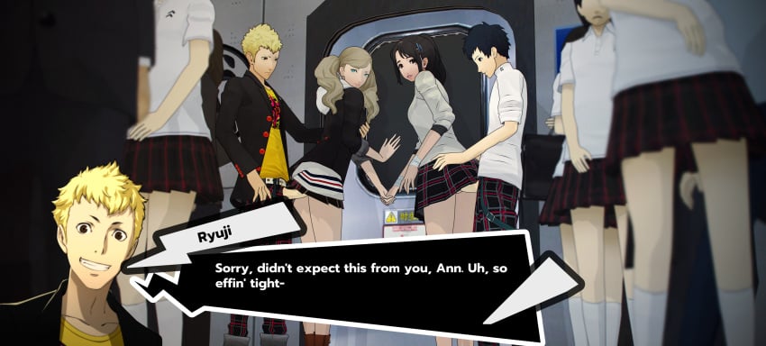 anal_sex anime ann_takamaki best_friends big_penis black_hair persona_5 public_exposure public_sex ryuji_sakamoto school_uniform shiho_suzui talking_to_another tight_anal train_interior yellow_hair yuuki_mishima