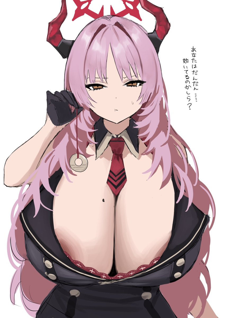 1girl 1girls :t areolae areolae_slip black_gloves blue_archive breasts busty cleavage coin coin_on_string collar demon_horns dress female female_only gloves hair_intakes halo horns huge_breasts imuzi japanese_text light-skinned_female light_skin long_hair looking_at_viewer mole mole_on_breast pink_hair satsuki_(blue_archive) sleeveless sleeveless_dress solo sweatdrop tie yellow_eyes