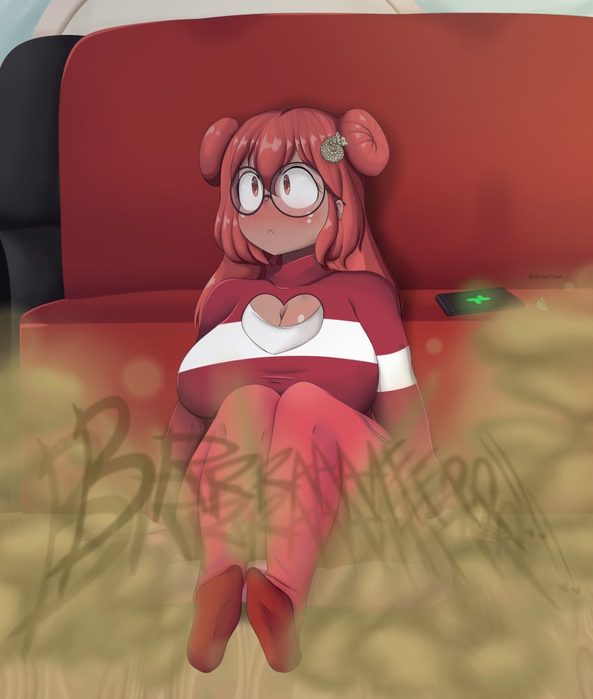 accidental_fart amelia_(funlitogc) big_breasts boob_window butt_squish deviantart deviantart_logo fart fart_cloud fart_fetish funlitogc gassychan_(artist) glasses red_hair sitting_on_floor socks_only