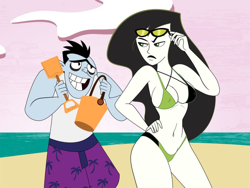 beach bikini black_hair blue_skin dr._drakken green_skin shego shovel