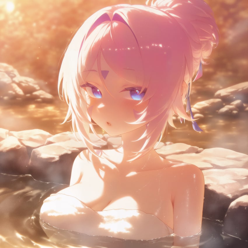 :o absurd_res ai_generated armpit_crease bare_shoulders bath bathing blue_eyes blue_ribbon blurry blurry_background blush breasts citlali_(genshin_impact) cleavage collarbone depth_of_field facial_mark female forehead_mark genshin_impact hair_between_eyes hair_bun hair_intakes hair_ribbon large_breasts long_hair looking_at_viewer medium_breasts ministro naked_towel onsen open_mouth outdoors parted_bangs parted_lips partially_submerged pink_hair ribbon rock short_hair sidelocks single_hair_bun solo steam sunlight sunset towel upper_body water wet wet_hair whisker_markings white_towel