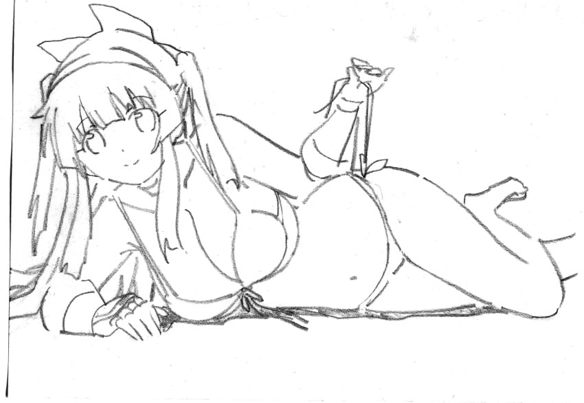 1girls alternate_costume arm_support artist_name barefoot beach big_breasts bikini bikini_pull breasts busty cleavage clothes_pull feet female female_only highres king_of_fighters large_breasts legs long_hair looking_at_viewer lying monochrome nakoruru navel on_side pose posing pulling_own_clothes samurai_shodown sensual sideboob sketch smile snk solo string_bikini string_pull swimsuit teasing thighs traditional_media traditional_media_(artwork) twintails untying very_long_hair voluptuous