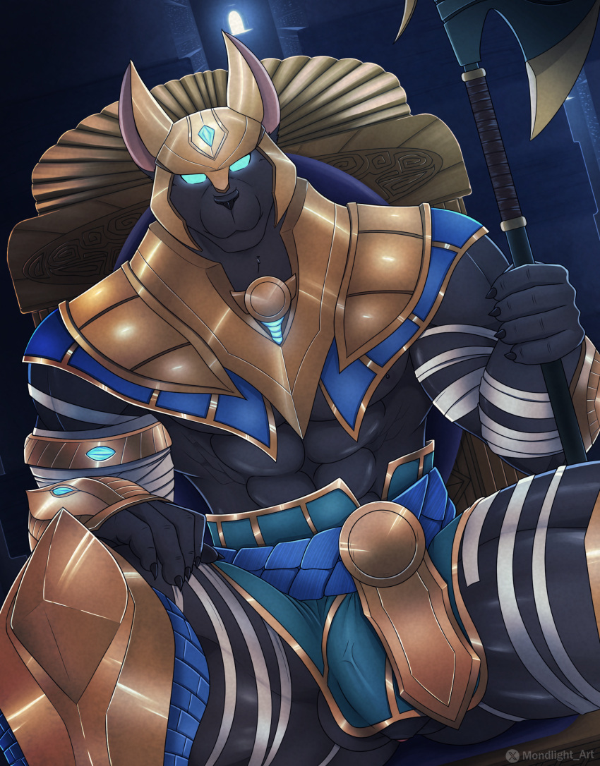 1boy anthro armor bulge bulge_from_behind chacal chair furniture hi_res league_of_legends male male/male mondlight muscular nasus_(lol) riot_games solo solo_male tencent throne