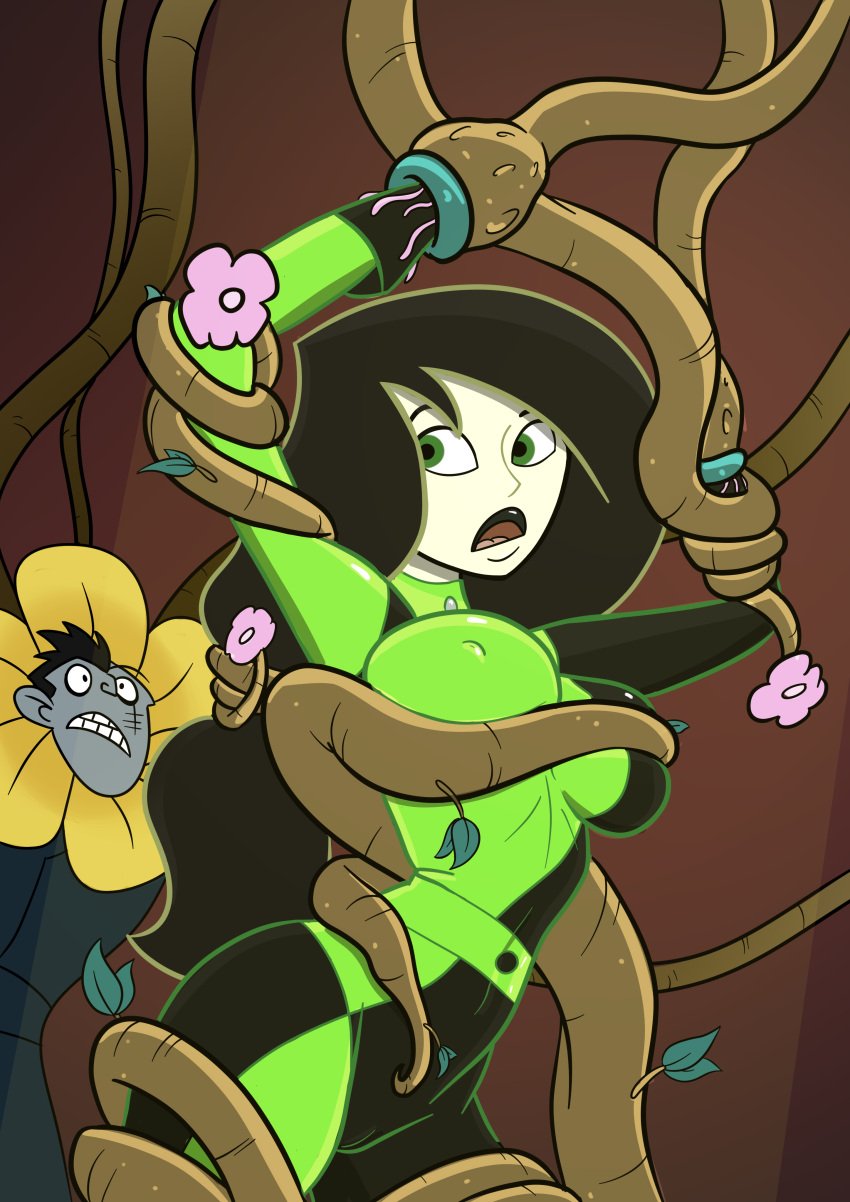 black_hair blue_skin bodysuit caught disney disney_channel dr._drakken flower green_skin groping kim_possible light-skinned_female originaltkw restrained shego tentacle villain villainess