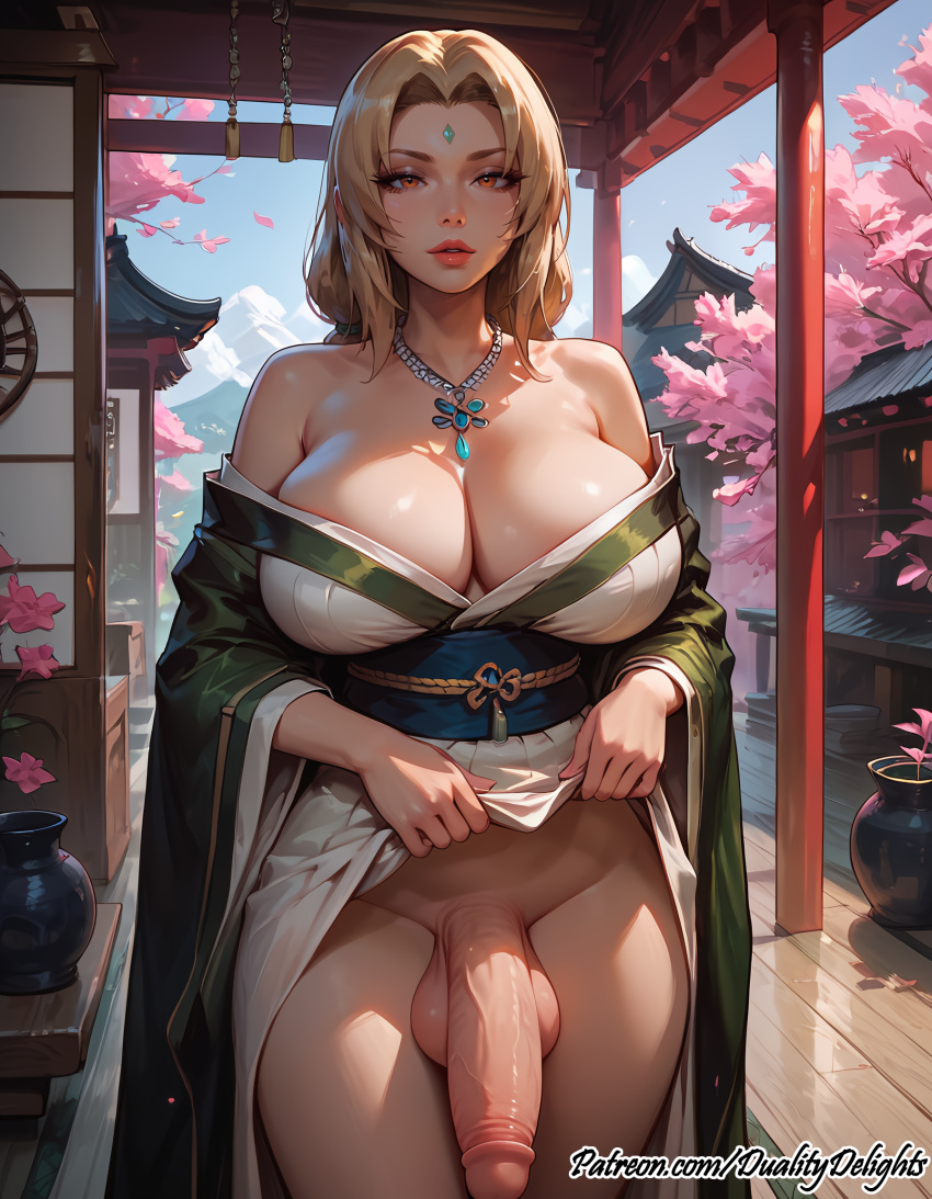 1futa ai_generated big_penis blonde_hair dickgirl from_front_position futa_only futadom futanari huge_balls huge_boobs huge_breasts naruto penis shemale shemale_only solo solo_focus solo_futa standing tsunade