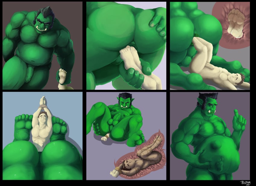 almost_fully_inside anal anal_vore anus balls belly big_belly big_feet big_penis black_hair body_outline bound comic duo feet fingernails forced foreskin genitals green_anus green_body green_skin hair hands_tied hi_res human humanoid internal male male/male mammal musclegut muscular nails orc pale_skin pandottermon penis prey_outline puffy_anus size_difference unwilling_prey vore