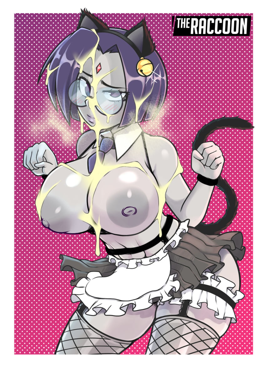 1girls bell black_bra blush bra bra_down breasts cat_ears cat_tail cum cum_on_arm cum_on_breasts cum_on_face cum_on_hair dc female fishnet_legwear fishnets garter_belt garter_straps glasses grey_body legwear maid maid_uniform partially_clothed purple_eyes purple_hair raccoonserver raven_(dc) short_hair solo solo_female stockings teen_titans thighhighs wristband