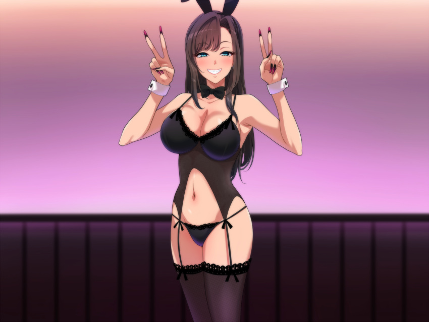 1girls animal_ears armpits bare_shoulders black_bow black_bowtie blue_eyes blush bow bowtie bra breasts cleavage clenched_teeth corset double_v fake_animal_ears female_focus fingernails fishnet_thighhighs fishnets garter_straps groin hands_up highres indoors kitsuneyane large_breasts legs legs_together light_brown_hair lingerie long_fingernails long_hair looking_at_viewer nail_polish navel original panties rabbit_ears seiyoku_obake_no_douryou_to_shinuhodo_sekkusu_shita_yoru smile solo standing teeth thighhighs thighs underwear v wrist_cuffs