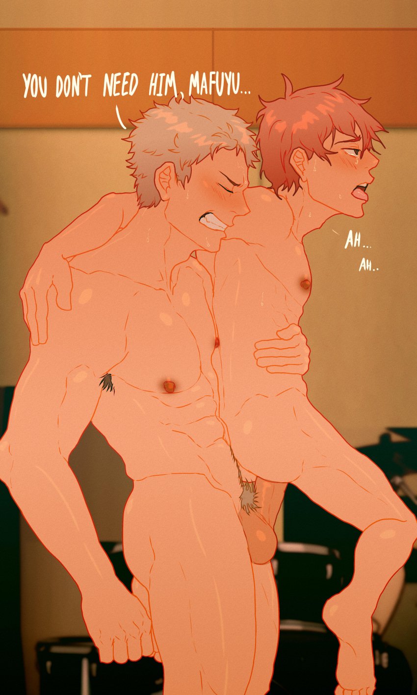 2boys black_pants blowjob blush brown_nipples cuckoo_chan drums gay given_(anime) grabbing_balls grabbing_balls_with_one_hand grabbing_own_ass kaji_akihiko kneeling_blowjob kneeling_oral_position light_skin male male/male male_only muscles muscular muscular_arms muscular_male nipples orange_hair pants_down piercings pubes pubic_hair sato_mafuyu_(given) twink underwear underwear_down white_underwear yaoi