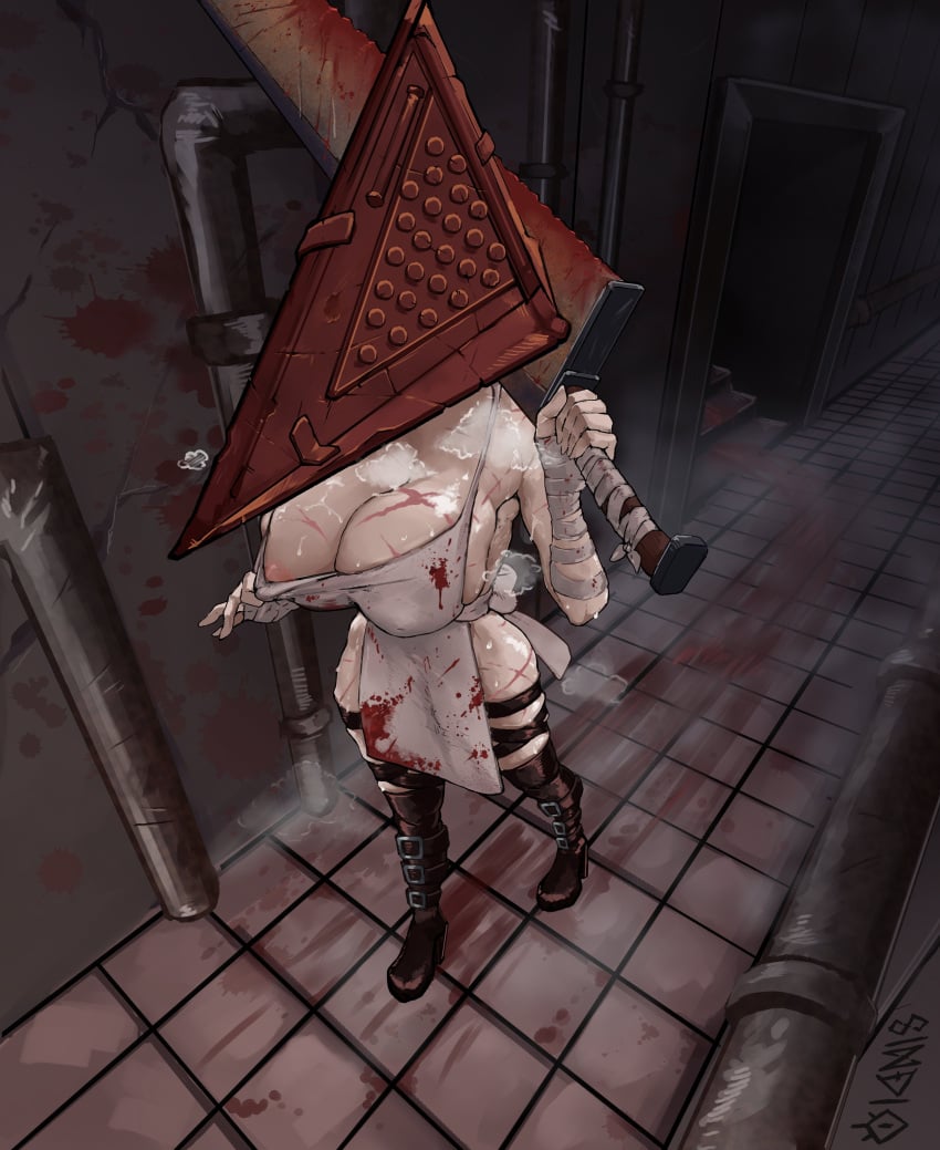 apron apron_only apron_pull bandage big_breasts bird's-eye_view blood blood_splatter dbd dead_by_daylight giant_breasts hidden_face leather_boots masked masked_female pyramid pyramid_head scar scary silent_hill silent_hill_2 sindio steamy steamy_breath sweaty wide_hipped_female