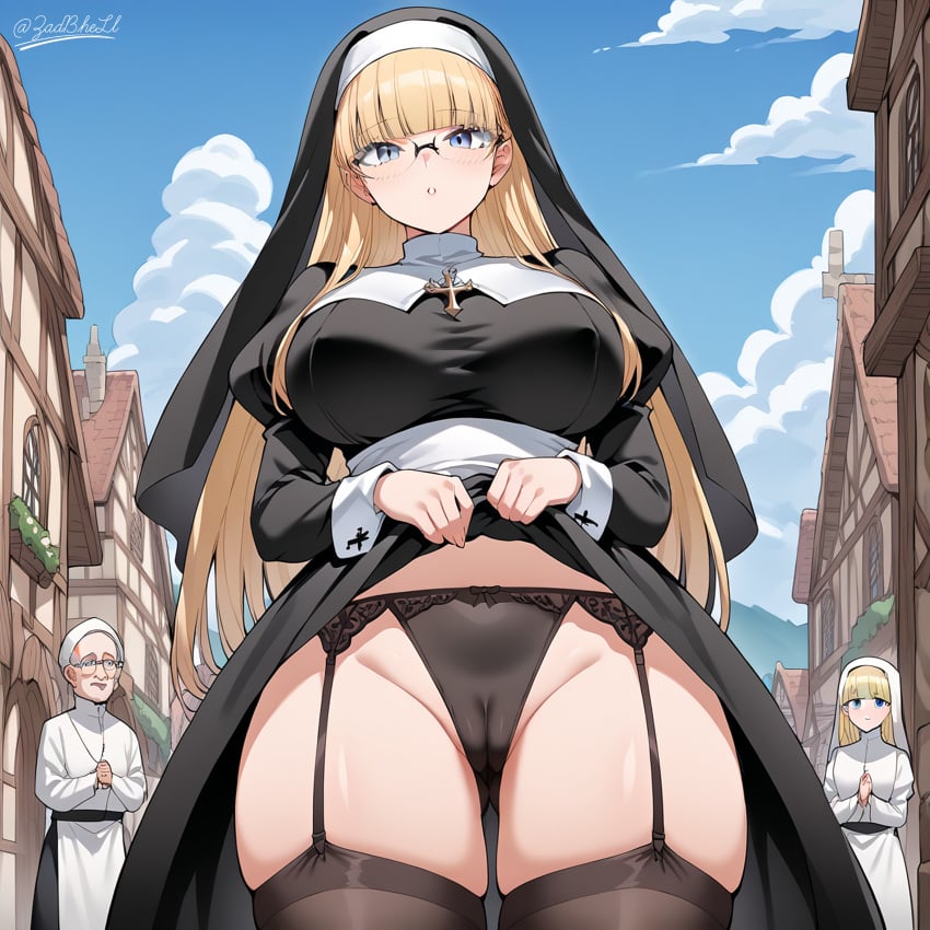 1girls ai_generated big_ass big_breasts big_butt bitch cameltoe cheating glasses house lingerie milf nun outdoors panties people_in_background prostitution public socks thong voluptuous_female yellow_hair zadbhell