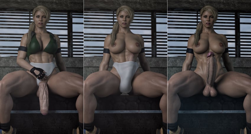 3d blonde_hair breasts cassie_cage cga3d erotichris futanari girthy_penis mortal_kombat muscular_futanari solo solo_futanari veiny_penis