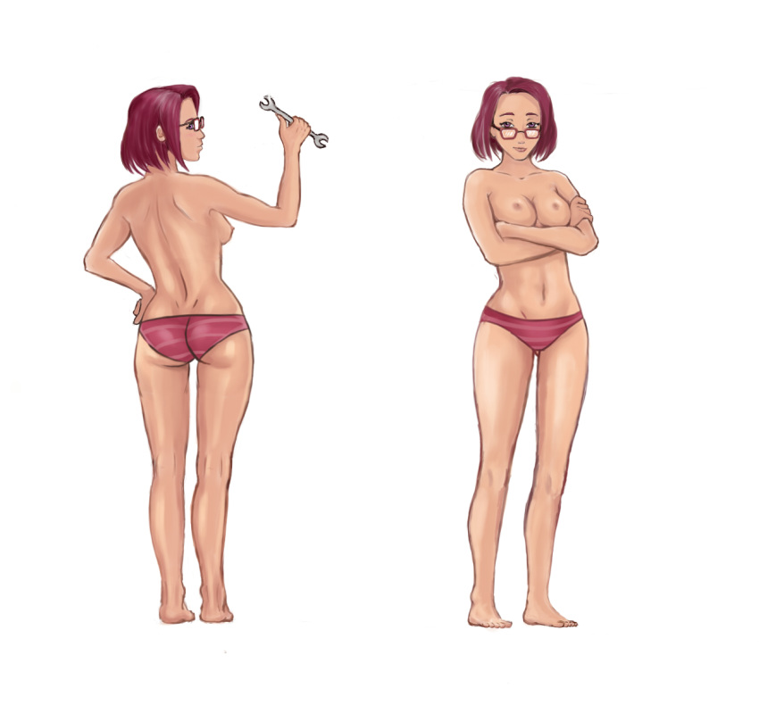 apricott feet female glasses maru_(stardew_valley) medium_breasts panties red_hair short_hair stardew_valley topless