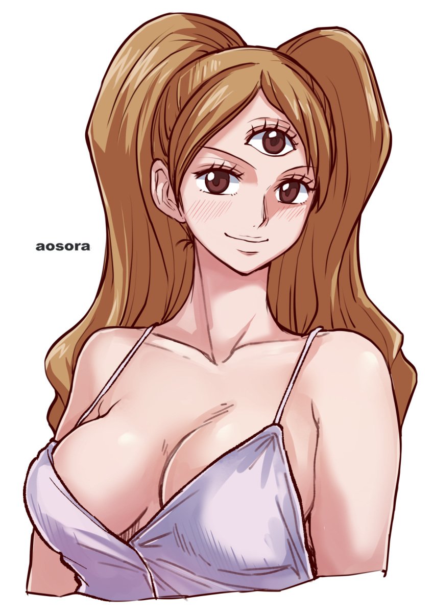 3_eyes aosora brown_eyes brown_hair charlotte_pudding cleavage clothing female female_only fully_clothed looking_at_viewer one_piece sideboob smile third_eye white_background