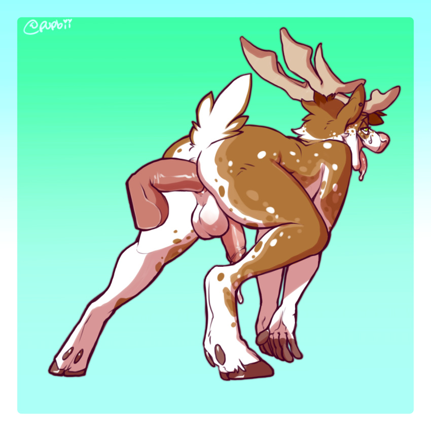 2018 5_fingers anthro balls brown_fur cervine fur green_eyes hooves male male_only mammal penis reindeer rokemi simple_background