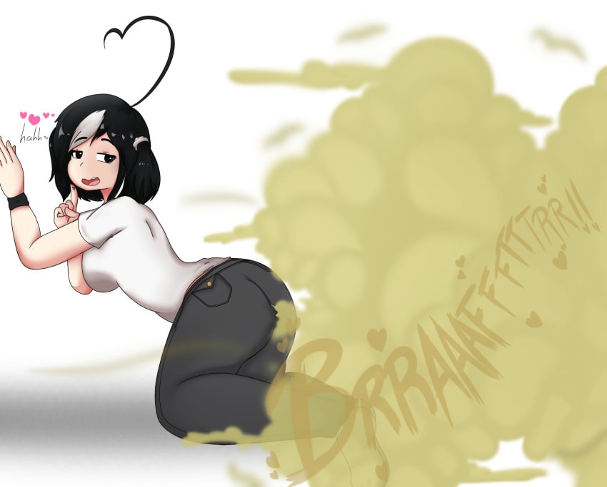 black_hair enjoying_farting fart fart_cloud fart_fetish farting farty_chan funlitogc gassychan_(artist) gina_(funlitogc) huge_fart moan moaning moaning_in_pleasure on_hands_and_knees pleasure_face thick_ass