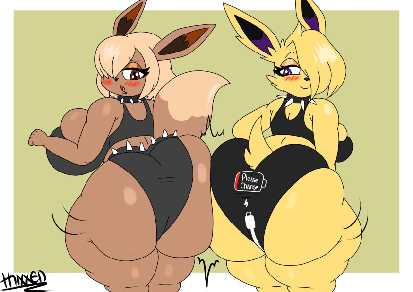 2girls big_ass big_breasts breasts brown_eyes bubble_butt eevee eeveelution female female_only furry furry_only huge_ass huge_breasts jolteon pokemon pokemon_(species) purple_eyes tagme thick_thighs thixxen wide_hips