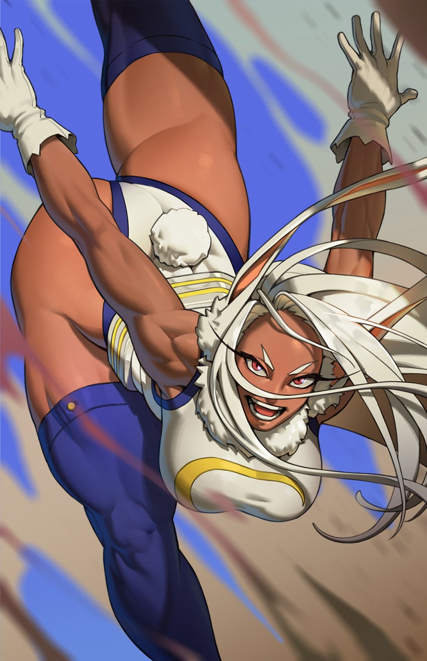 1girls 2024 boku_no_hero_academia bunny_ears bunny_girl bunny_tail dark-skinned_female dark_skin female female_only flexible gloves hi_res legwear leotard long_hair looking_at_viewer miruko my_hero_academia open_mouth red_eyes rim_jims smiling smiling_at_viewer solo splits thick_thighs white_hair