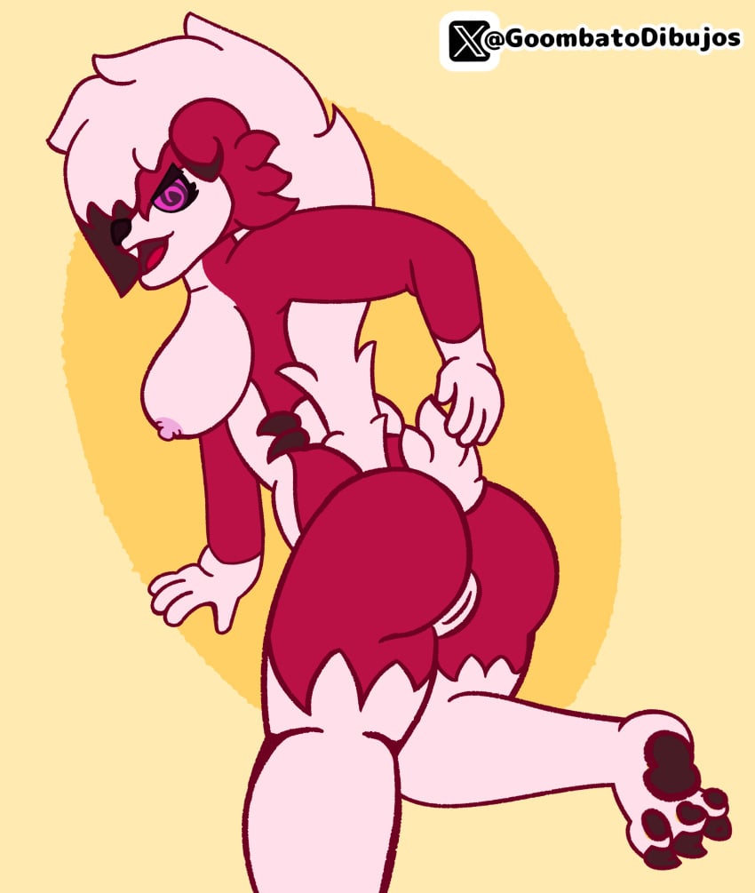 absurd_res anthro breasts canid canine fan_character female fur generation_7_pokemon genitals goombato_dibujos hair hi_res lycanroc mammal midnight_lycanroc nintendo paws pokemon pokemon_(species) pussy red_body smile solo tail white_body