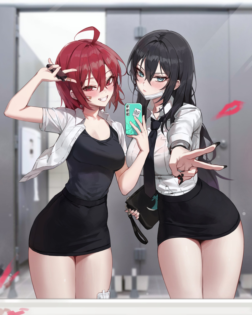 2girls ass bathroom big_ass big_breasts breasts camera gym gym_uniform office_lady peace_sign phone selfie thick_thighs thighs vape vape_pen workout