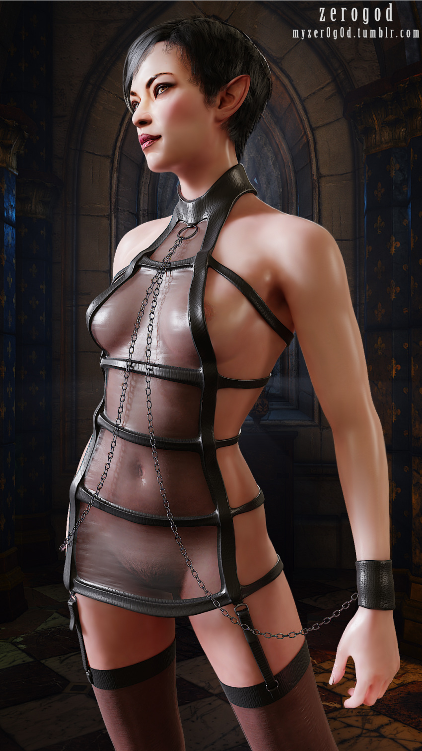 1girls 3d bondage_outfit cd_projekt_red chains elf elf_ears eveline_gallo female_only lipstick nipples nipples_visible_through_clothing pointy_ears poster pussy_visible_through_clothes see-through_clothing solo stockings straps the_witcher_(series) the_witcher_3:_wild_hunt thighhighs zer0g0d