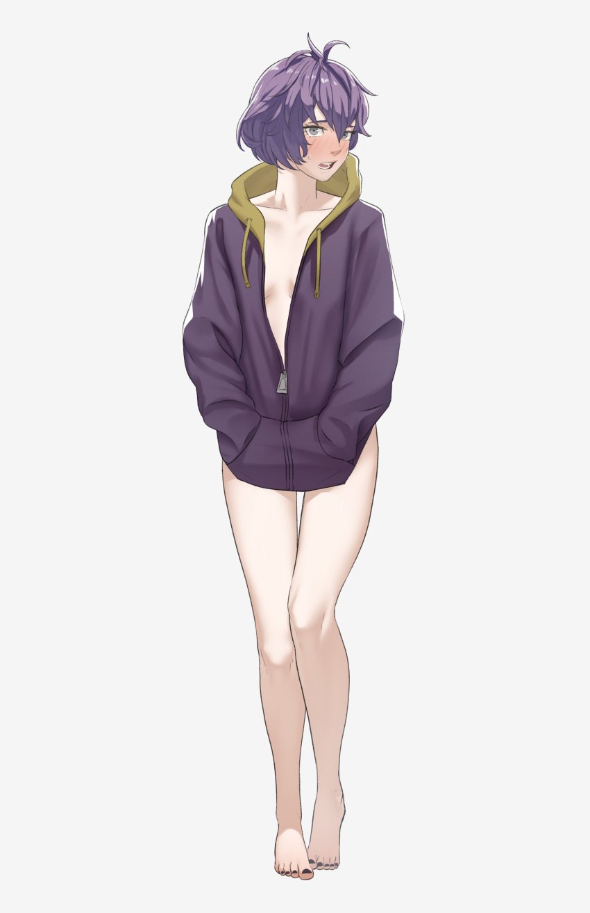 1girls absurdres bare_legs bare_shoulders barefoot bernadetta_von_varley black_nails blush bottomless breasts collarbone embarrassed feet female female_only fire_emblem fire_emblem:_three_houses full_body grey_background grey_eyes hair_between_eyes heavy_blush highres hood hoodie legs long_sleeves looking_at_viewer nail_polish naked_hoodie nintendo open_mouth partially_unzipped pomelomelon purple_hair short_hair small_breasts solo standing toenail_polish toenails toes zipper