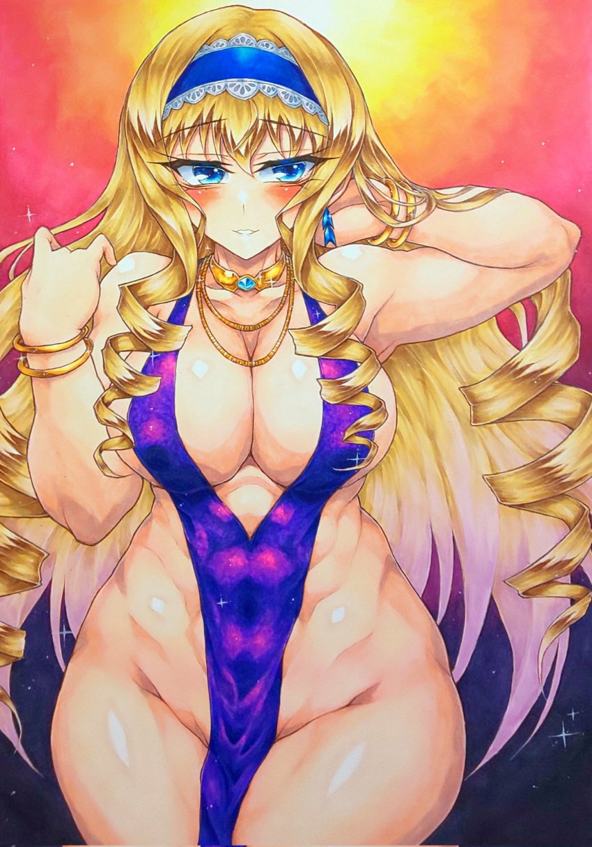 1girls alternate_costume arm_behind_head big_breasts blonde_hair blue_eyes blush breasts busty cecilia_alcott child_bearing_hips cleavage covered_navel dress drill_hair female female_only hairband half-closed_eyes highres infinite_stratos jewelry large_breasts legs long_hair looking_at_viewer no_bra no_panties parted_lips pelvic_curtain pose posing seductive_gaze seductive_smile sensual sideboob smile solo thick_thighs thighs toned traditional_media traditional_media_(artwork) very_long_hair voluptuous wide_hips