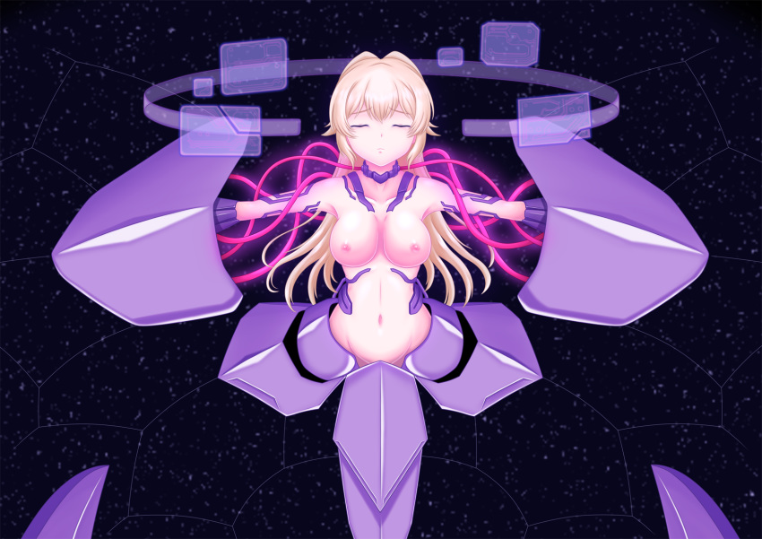 blonde_hair blush breasts female large_breasts nipples petrification pura-tabu regalia_the_three_sacred_stars solo yuinshiel_asteria