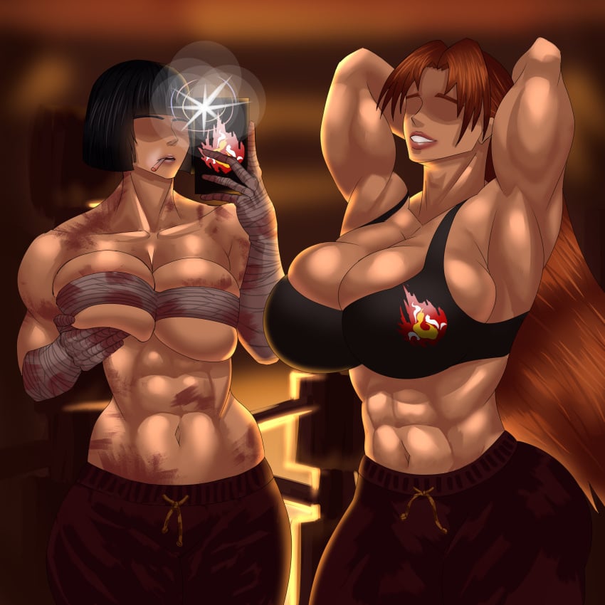 2girls abs bandage bandaged_chest barthone binder_(restraint) black_hair blood breast_binding brown_hair camera chest_binder dojo elbow_gloves female_abs fit_female flexing forge gym gym_uniform huge_ass huge_breasts large_ass large_breasts limbus_company liu_association_(identity)_(project_moon) muscular_female orange_hair phone project_moon rodion_(limbus_company) ryoshu_(limbus_company) selfie sports_bra sportswear taking_picture thick_thighs training uniform