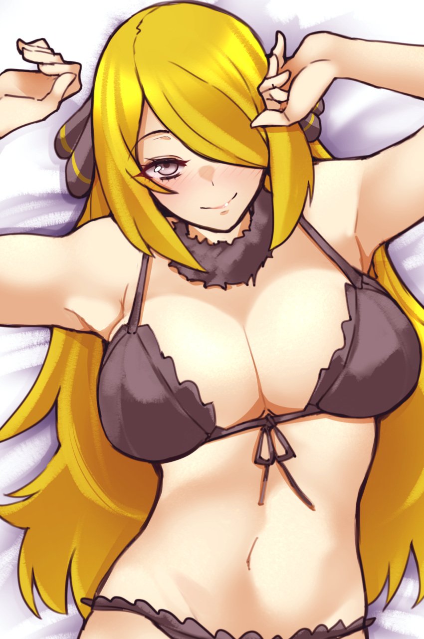 1340smile 1girls ass big_breasts bikini bikini_bottom bikini_top black_bikini blonde_hair bottomwear breasts cleavage creatures_(company) cynthia_(pokemon) female female_only game_freak hair hair_ornament hair_over_one_eye huge_breasts long_hair mature mature_female mature_woman nintendo npc npc_trainer pokemon pokemon_champion pokemon_dppt pokemon_trainer solo solo_female swimwear topwear