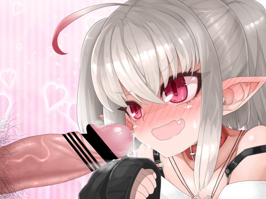 ahoge bar_censor bare_shoulders blush censored choker commentary_request ear_blush erection female grey_hair hair_between_eyes heart heart_background highres irodori_(irotoridori) long_bangs long_sleeves looking_at_penis makaino_ririmu nijisanji oerba_yun_fang off_shoulder open_mouth penis penis_awe pink_background pointy_ears precum precum_drip pubic_hair red_eyes sidelocks sleeves_past_fingers sleeves_past_wrists smelling smelling_penis smile twintails veins veiny_penis virtual_youtuber wavy_mouth