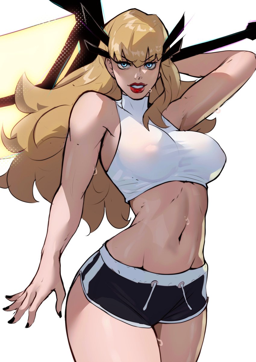 1girls 2d blonde_female blonde_hair blonde_hair_female clothed clothed_female exercise_clothing female female_focus female_only foonie_xd fully_clothed illyana_rasputin light-skinned_female light_skin long_hair looking_at_viewer magik_(illyana_rasputin) magik_(marvel_rivals) marvel marvel_comics marvel_rivals midriff midriff_baring_shirt midriff_showing red_lips red_lipstick shorts sleeveless sleeveless_shirt solo solo_focus sports_shorts sword tank_top weapon weapon_over_shoulder white_shirt white_tank_top