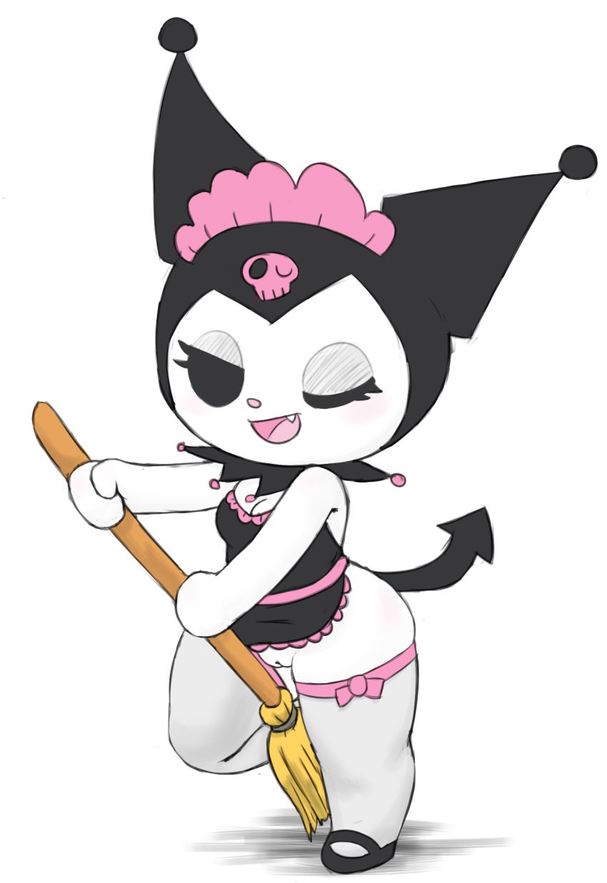 1girls 2018 anthro apron bedroom_eyes bottomless breasts broom cleavage cleft_of_venus clothed clothing fangs female female_only fernut half-closed_eyes hi_res kuromi lagomorph legwear looking_at_viewer maid_uniform mammal one_eye_closed onegai_my_melody please_my_melody pussy rabbit sanrio seductive shortstack simple_background smile solo solo_female standing thick_thighs thigh_highs uniform wink