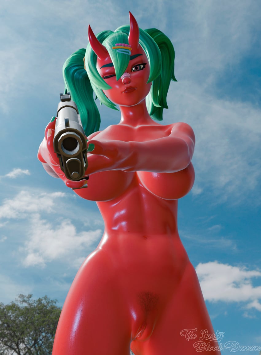 3d 3d_(artwork) 3d_render blender_(software) daytime fortnite fortnite:_battle_royale gun nemia_(fortnite) one_eye_closed oni oni_female oni_horns outdoors pubes pubic_hair pussy pussy_hair red_skin tagme the_lusty_blood_demon turquoise_hair twintails visible_pussy x_redeyes