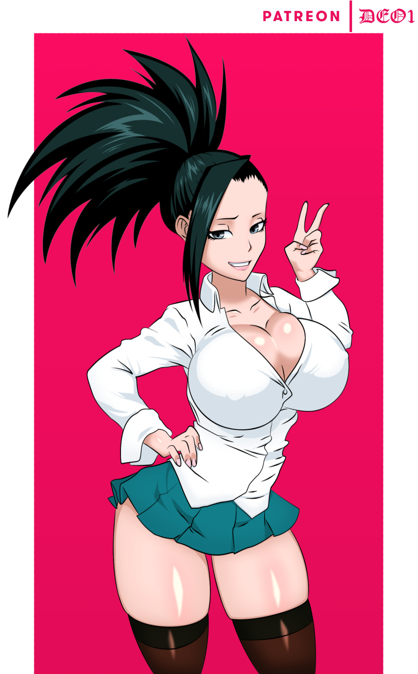 1girls bimbo blue_skirt brown_stockings cleavage curvy dark_hair deoarts grey_eyes hand_on_hip highres huge_breasts large_breasts looking_at_viewer momo_yaoyorozu my_hero_academia nipple_bulge peace_sign pink_nails school_uniform schoolgirl shounen_jump simple_background smiling thighhighs tight_clothing voluptuous white_shirt wide_hips