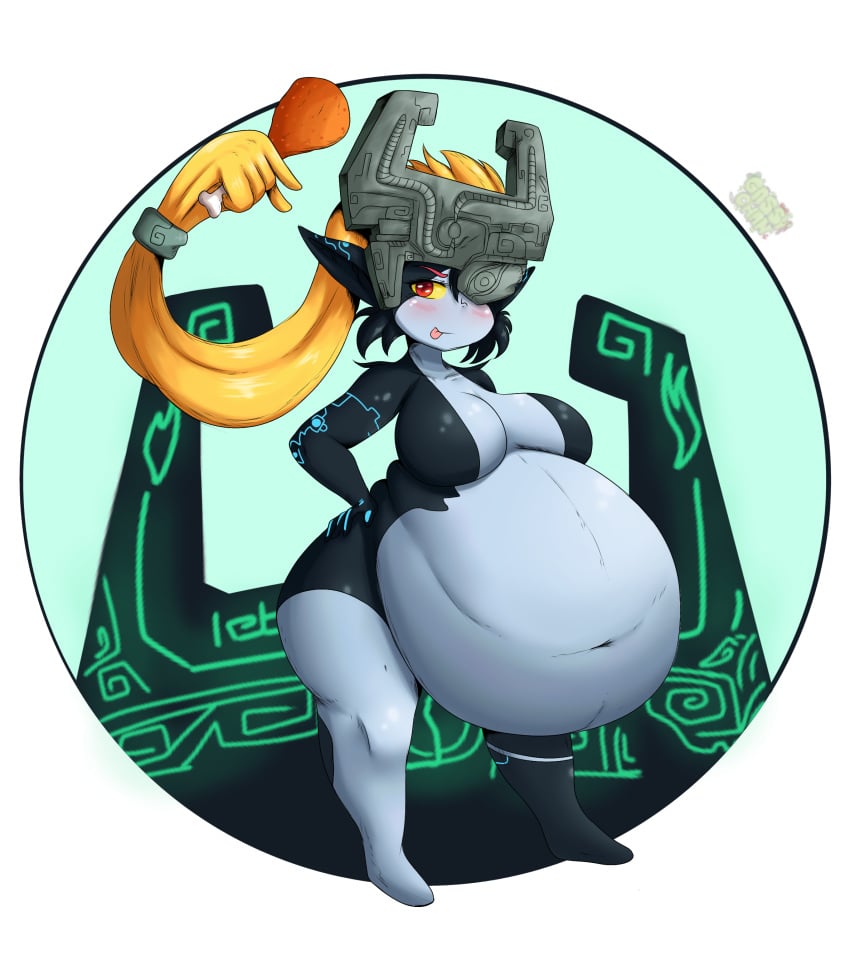 alternate_version_available belly_bigger_than_body belly_overhang big_ass bloated bloated_belly bottom_heavy food funlitogc gassychan_(artist) happy_female hot_wings huge_breasts imp imp_midna midna nintendo pregnant pregnant_female seductive_look seductive_smile shortstack the_legend_of_zelda thick_thighs twilight_princess