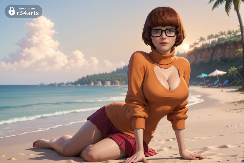 , 1girls ai_generated arm_support artist_name barefoot beach beach_umbrella black-framed_eyewear blurry breasts brown_eyes brown_hair cartoon_network cleavage cleavage_cutout clothing_cutout day full_body glasses hanna-barbera hi_res large_breasts lips looking_at_viewer miniskirt nail_polish nose ocean open-chest_sweater orange_sweater outdoors palm_tree pleated_skirt r34arts red_nails red_skirt sand scooby-doo short_hair sitting skirt sky solo sweater toenail_polish toenails toes tree turtleneck turtleneck_sweater umbrella velma_dinkley warner_brothers water yokozuwari