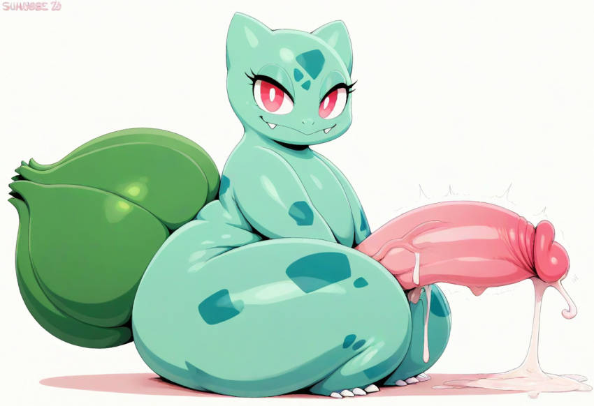 ai_generated anthro balls big_balls big_penis blush bodily_fluids bulbasaur cum cum_on_ground cumshot ejaculation erection generation_1_pokemon genital_fluids genitals hellsonger hi_res huge_balls huge_cock humanoid_genitalia humanoid_penis hyper hyper_genitalia hyper_penis male nintendo nude orgasm penis pokemon pokemon_(species) red_eyes simple_background solo thick_thighs vein veiny_penis white_background