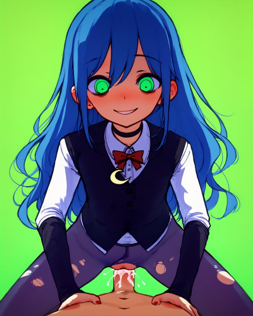 1boy 1girls absurd_res ai_generated black_vest blue_hair bowtie choker clothed_sex cowgirl_position cowgirl_position crescent_pin cum cum_inside duo falsegate female_rapist femdom green_background green_eyes highres hotaru_ayonara long_hair oc_(falsegate) original_character pantyhose rape red_bow red_bowtie reverse_rape ripped_clothing ripped_pantyhose simple_background stable_diffusion stick_your_dick_in_crazy straddling straight straight torn_clothes torn_pantyhose vest yandere