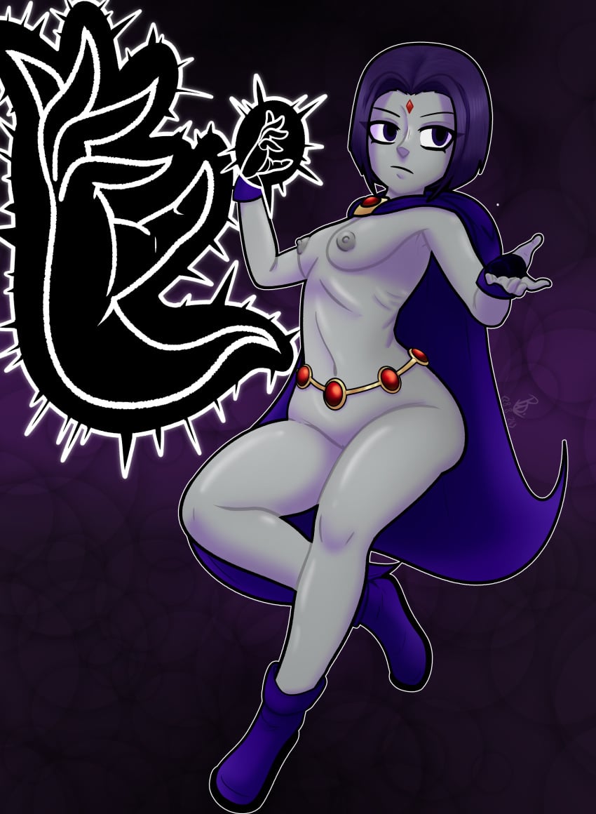 1girl cape forehead_jewel gloves grey_body hollowhusk magic purple_hair raven_(dc) short_hair slightly_clothed small_breasts solo_female teen_titans teen_titans_go thick_thighs wide_hips