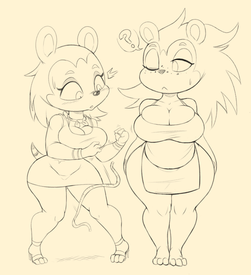 2girls alternate_breast_size animal_crossing apron big_breasts cleavage clothing female_only freckles hedgehog labelle_able monochrome nintendo one_eye_closed purple_yoshi_draws sable_able shortstack wide_hips