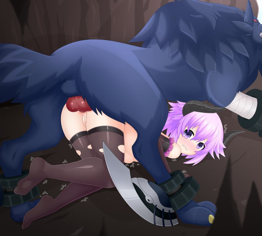 1boy 1girls all_fours anal anal_sex animal_genitalia animal_penis ass ass_up big_ass black_fur blush bracelet breasts canine canine_penis cave deity feet female feral furry gloves horns interspecies knot large_penis looking_at_viewer looking_back male neptune_(neptunia) neptunia_(series) nude paws penis purple_eyes purple_hair pussy red_eyes santystuff sex short_hair size_difference source_request straight tail teeth thick_penis thighhighs torn_clothes trembling wolf zoophilia