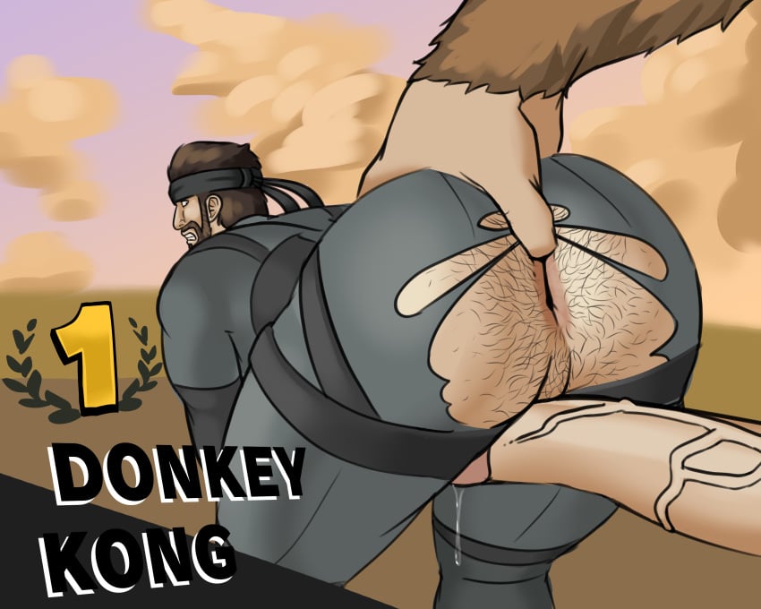 2boys 2d 2d_(artwork) anus ass ass ass_focus ass_grab back_view bending_over big_ass big_butt big_dom_small_sub big_hands big_penis brown_fur brown_hair butt_focus butt_grab clothed crossover donkey_kong donkey_kong_(series) english_text exposed_anus exposed_ass facial_hair game_ui gay gorilla gritted_teeth grope groping groping_ass groping_from_behind hairy hairy_anus hairy_ass hairy_balls hairy_butt hairy_male headband horkrugley human looking_back male male_only metal_gear_solid penis penis_against_ass penis_vein precum precum_drip precum_string ripped_clothing solid_snake super_smash_bros. text torn_clothes