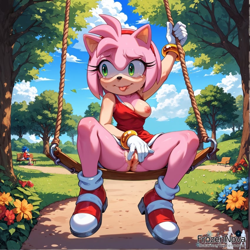 ai_generated amy_rose bench breasts cat_ears day eyelashes flowers gold_bracelet gold_jewelry green_eyes hi_res looking_at_another medium_breasts on_swing park pink_skin red_boots red_clothing red_dress shaved_pussy solo_focus sonic_(series) sonic_the_hedgehog sonic_the_hedgehog_(series) spread_pussy sunny swing swinging tits_out tongue_out tree white_gloves