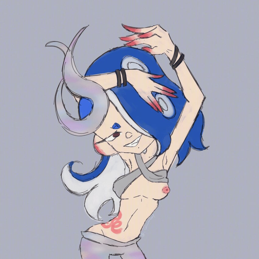 1girls _crimsonleaf alternate_costume armpits artist_name belly_button blue_hair bracelets breasts breasts_out crop_top female female_only flashing grand_festival_(splatfest) hairpin hands_up headpiece hidden_eyes mole mole_under_mouth nintendo no_bra posted_by_artist red_eyes shiver_(grand_festival) shiver_(splatoon) shiver_hohojiro solo splatfest splatoon tattoo tentacle tentacle_hair video_game_character