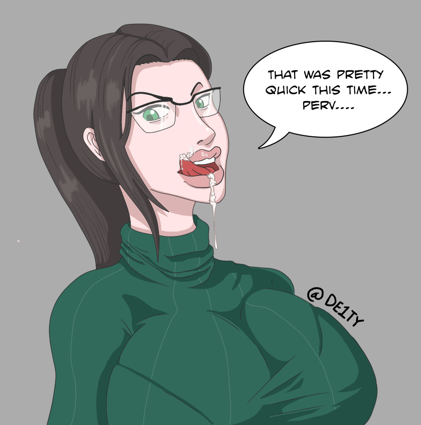 1girls absurd_res absurdres after_oral big_breasts breasts cum cum_on_face de1ty female glasses looking_at_viewer original_character solo sweater vera_(bones_tales)