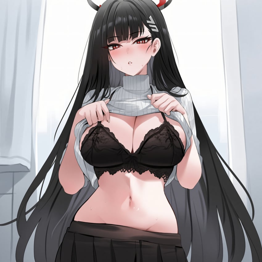 ai_generated black_hair blue_archive blush bra halo large_breasts long_hair navel rio_(blue_archive) room roxor shirt_lift skirt standing