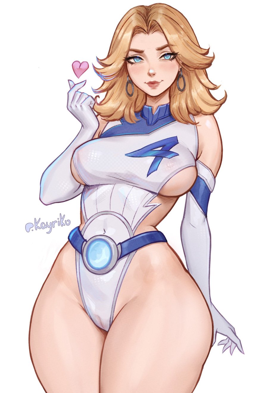 absurdres blonde_hair blue_eyes breasts earrings elbow_gloves fantastic_four female finger_heart forehead gloves heart highres jewelry kayav large_breasts lips long_hair looking_at_viewer marvel marvel_rivals navel pussy simple_background smile solo standing sue_storm thick_thighs thighs white_background white_gloves