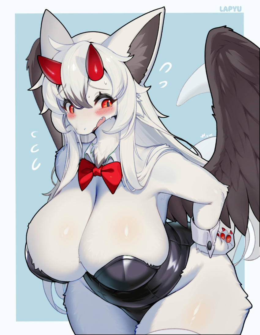 1girls anthro big_breasts blush breasts bunnysuit clothed clothing detached_collar dragon feathered_wings feathers female female_anthro female_only fur furred_dragon hair hi_res horns long_hair mythological_creature mythological_scalie mythology neck_ribbon red_eyes scalie simple_background slit_pupils solo thick_thighs white_body white_fur white_hair whooo-ya wings wrist_cuffs